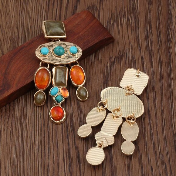 Multicolor boho Women's Exaggerated faux Turquoise Resin dangly Earrings - Picture 2 of 3